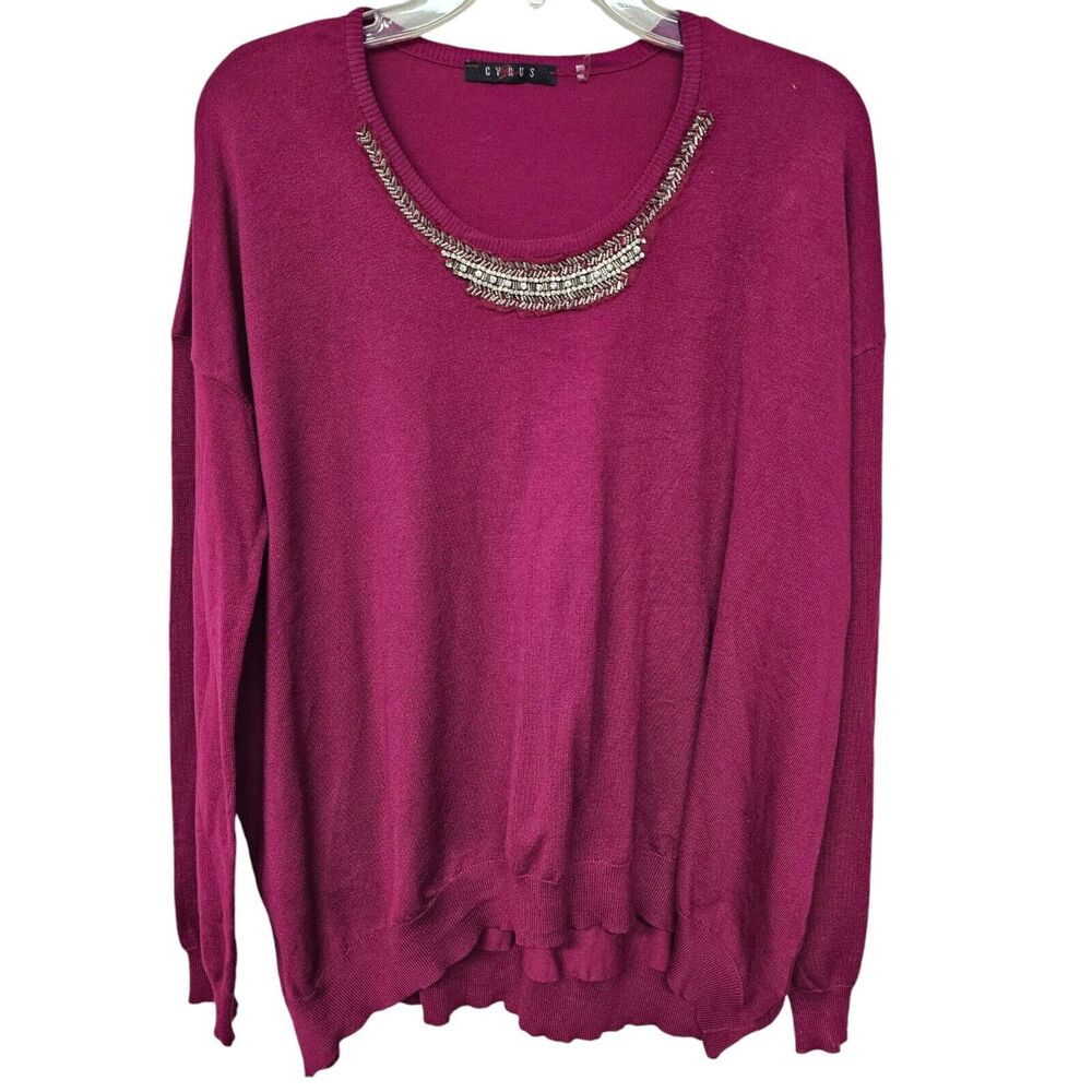 Cyrus Womens Sweater Size XL Pink Raspberry Beaded Neckline Dressy Office Party